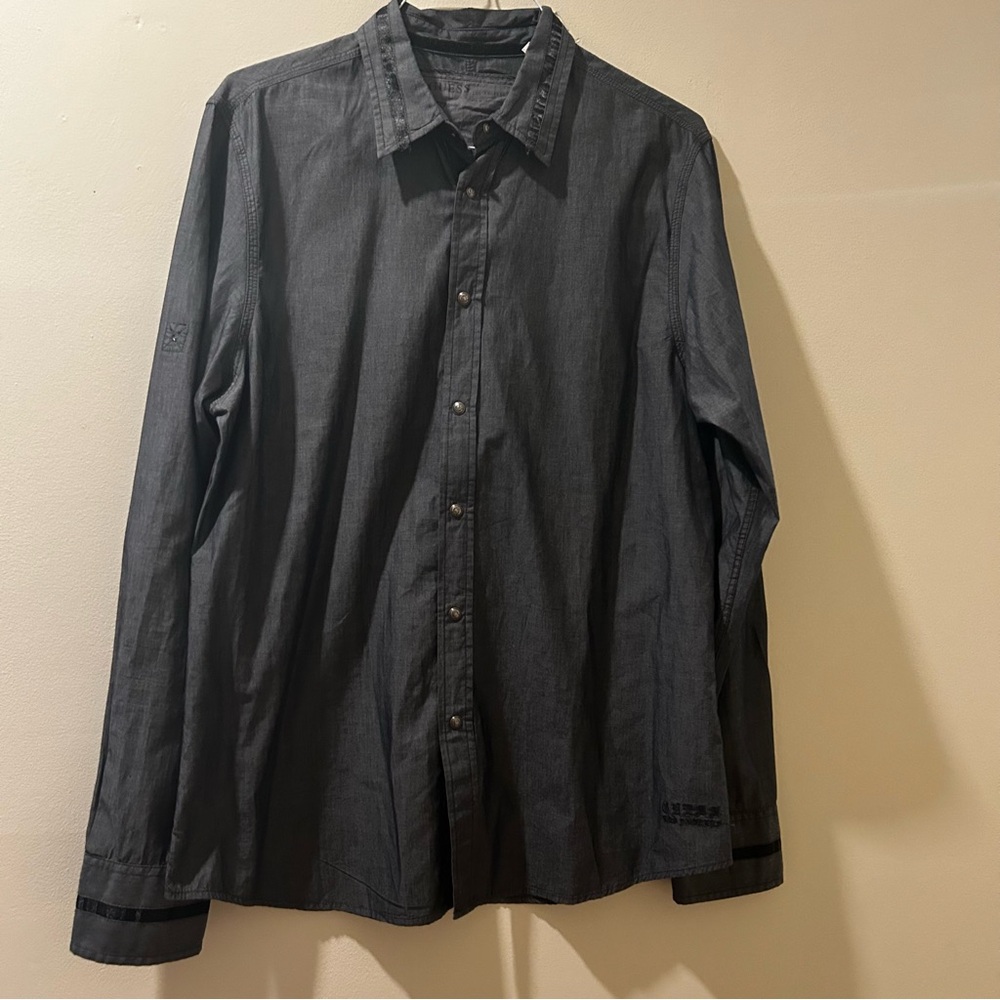 Guess Los Angeles Snap Button Shirt Men Large Rock n Roll Gray Cotton